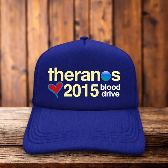 Theranos Blood Drive 2015 Mens Trucker Hat Blue Elizabeth Holmes Corruption
